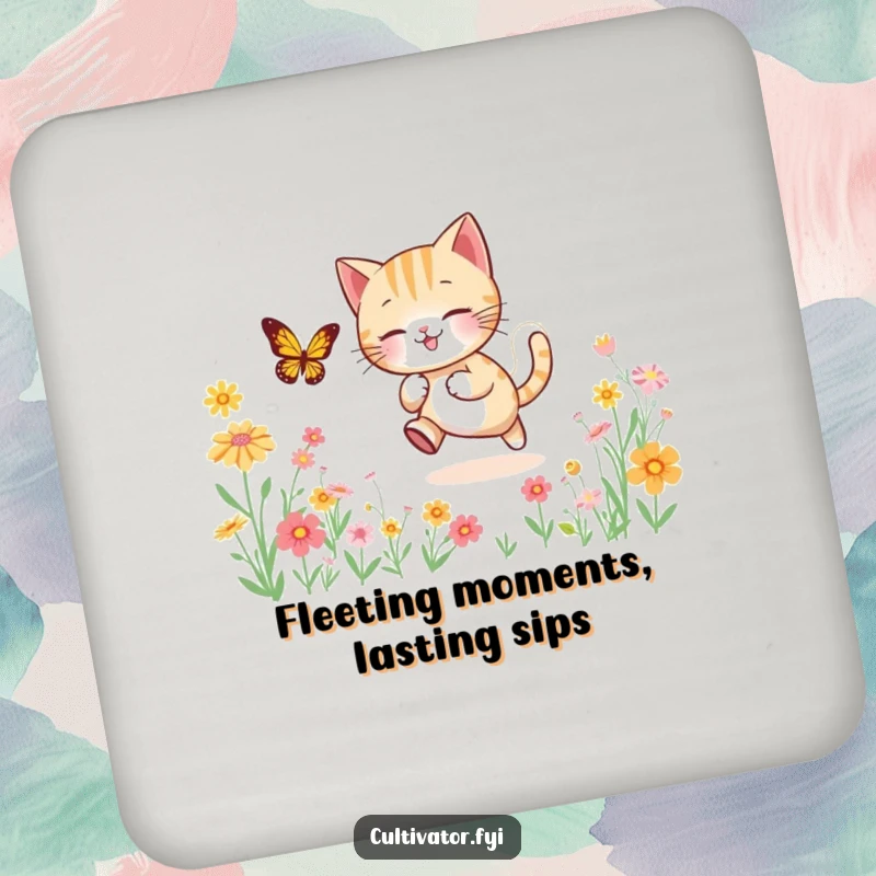 Funny coaster set featuring an energetic cat character chasing a butterfly through a vibrant field of flowers, adding whimsical flair to surfaces.