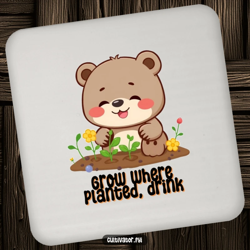 Funny bear coaster featuring a giggling bear planting seeds with determination, a small yet cheerful addition to any table.