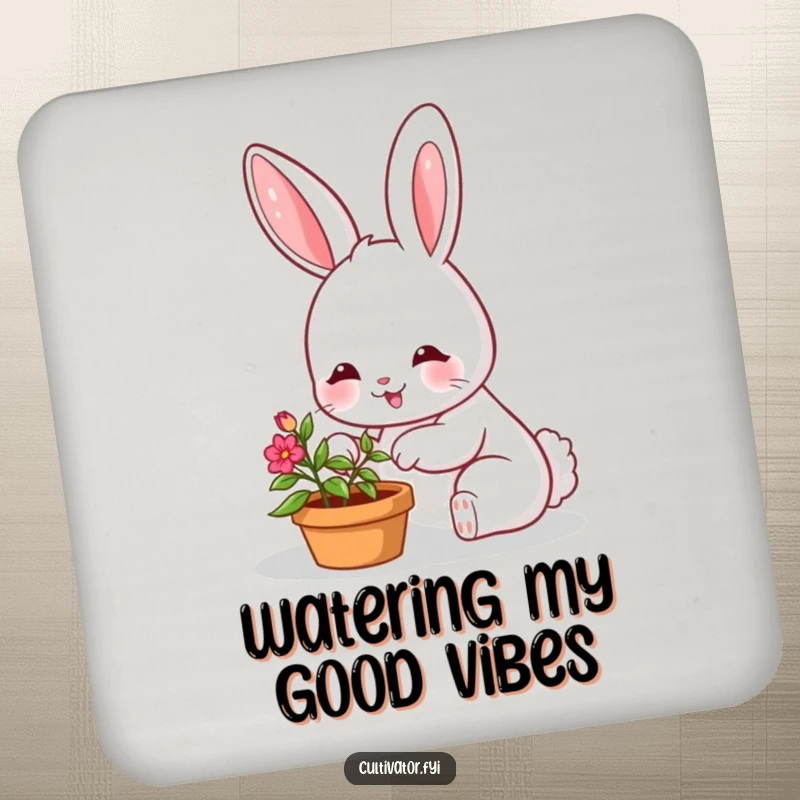 Funny drink coaster with a smiling bunny character happily tending a small, vibrant potted plant, protecting surfaces.