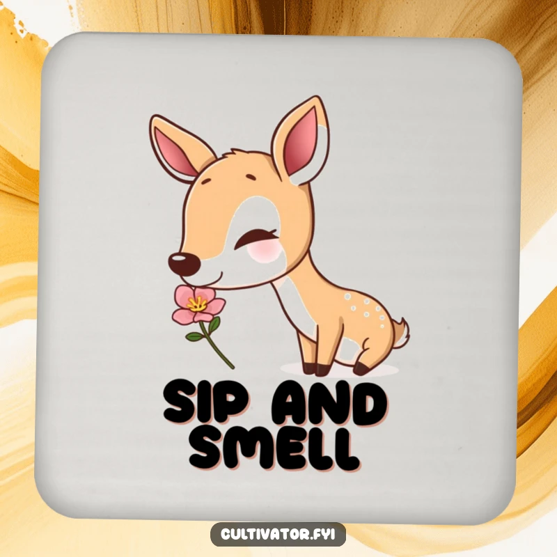 Funny deer coaster, a deer gently sniffing a flower, protects furniture, humorous nature art, great funny gift.