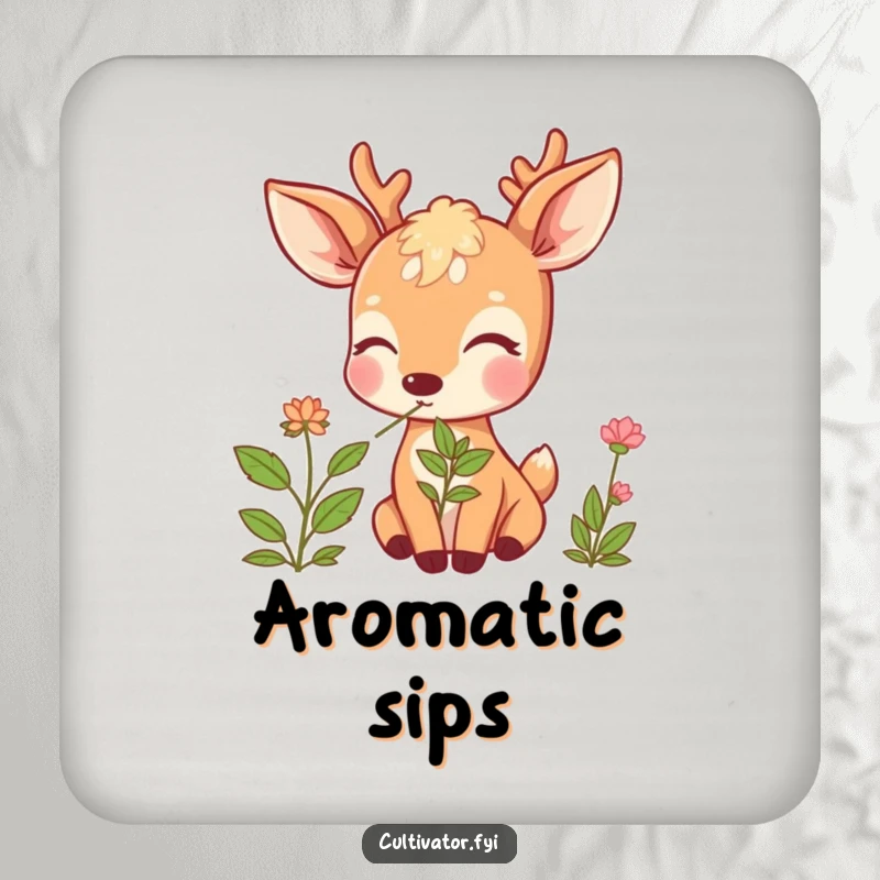 Funny Deer Coaster: Beaming deer enjoying a herb's scent, offering protection with a dose of woodland humor.