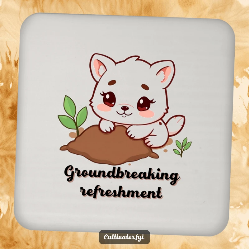Funny Drink Coaster with a determined animal character happily digging in the soil with small paws, protecting furniture with humor.