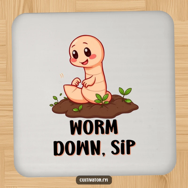 Funny earthworm tilling coaster with a diligent worm rapidly working the soil, protecting surfaces.