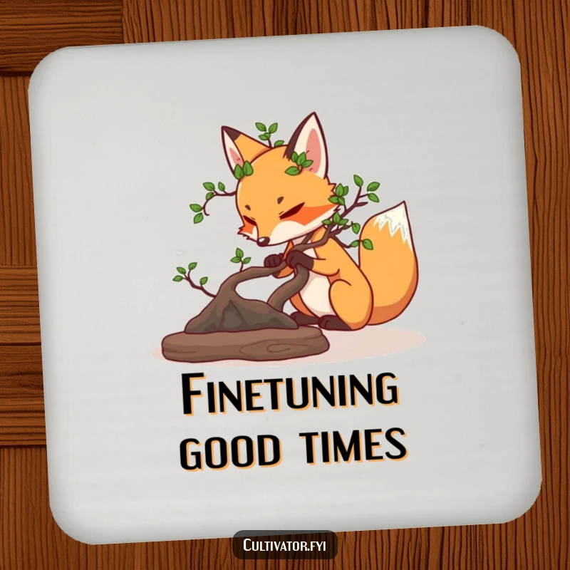 Funny determined fox carefully pruning a miniature bonsai tree drink coasters, adding focused charm to your table.
