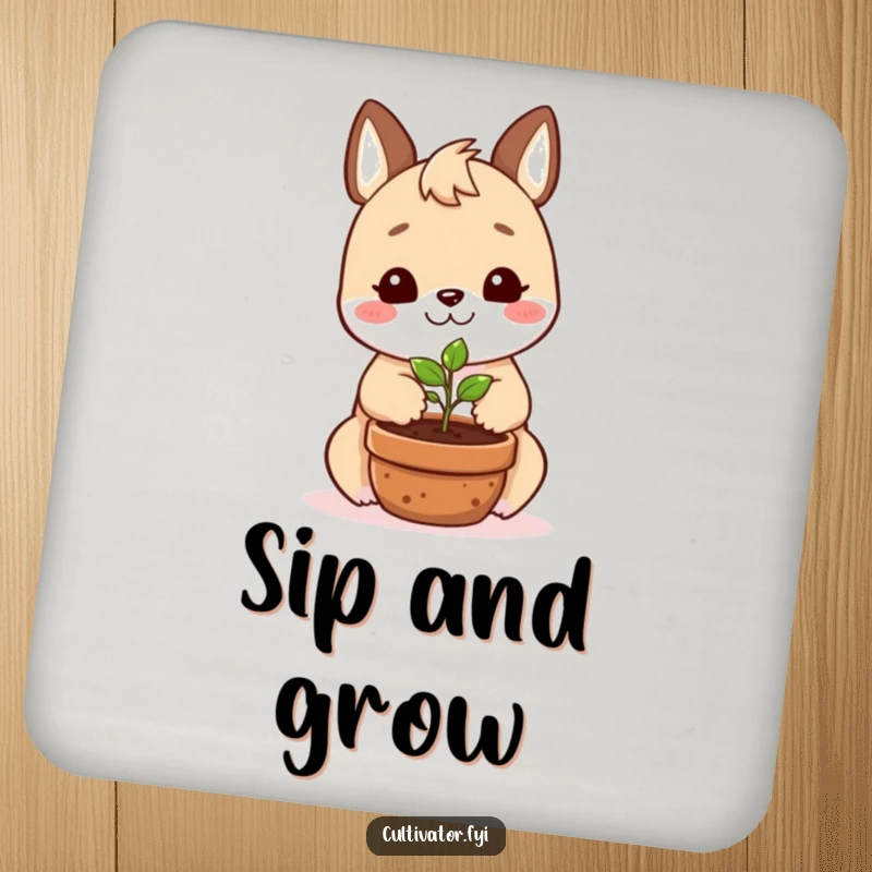 Funny drink coaster with a smiling animal character happily planting a tiny seedling in a pot, protects surfaces cutely.