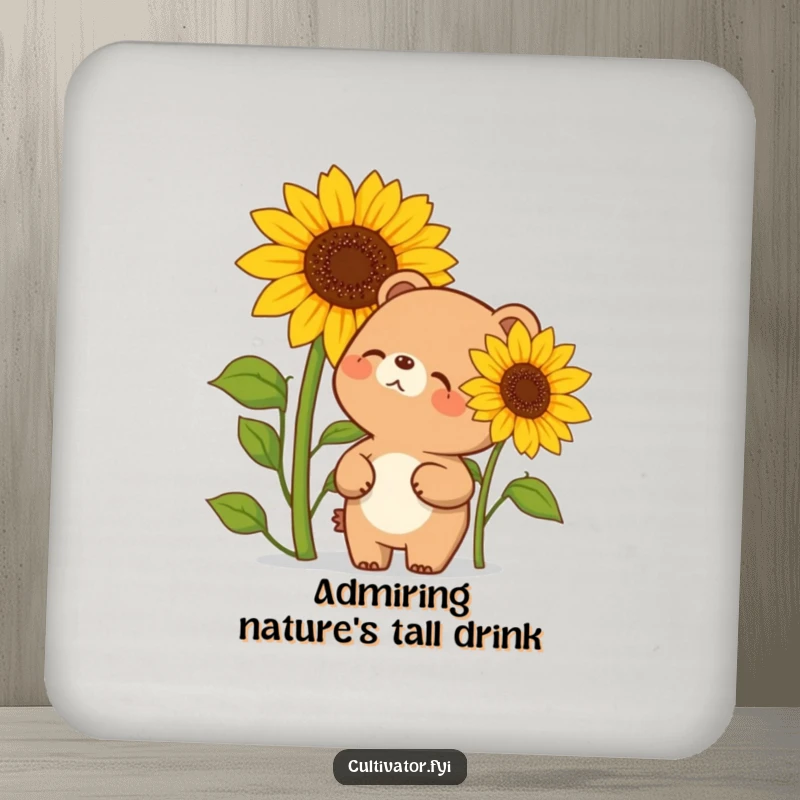 Funny coaster set with a giggling bear character looking up in awe at a sunflower that's almost as tall as it is. Cute and humorous.