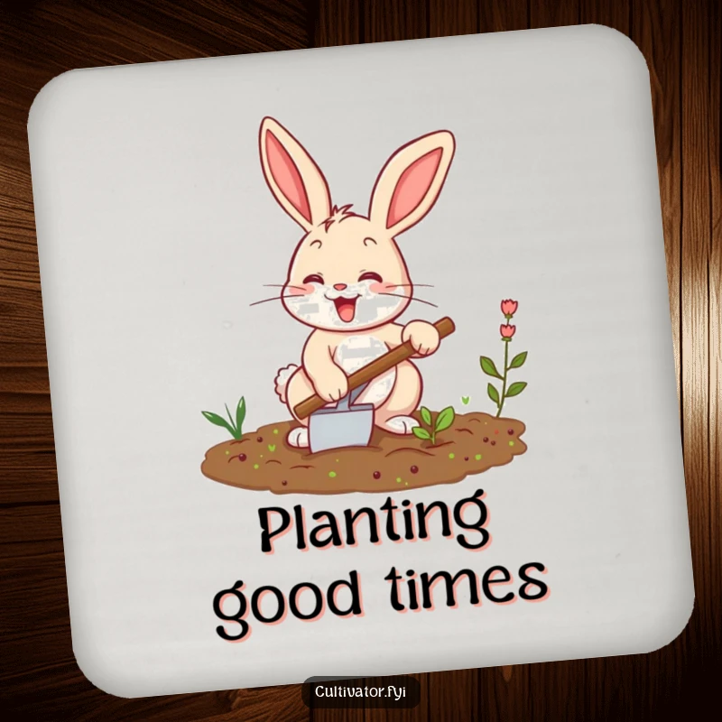 Funny bunny coaster, happily tilling a small garden patch with a trowel, a humorous way to protect surfaces from drinks.