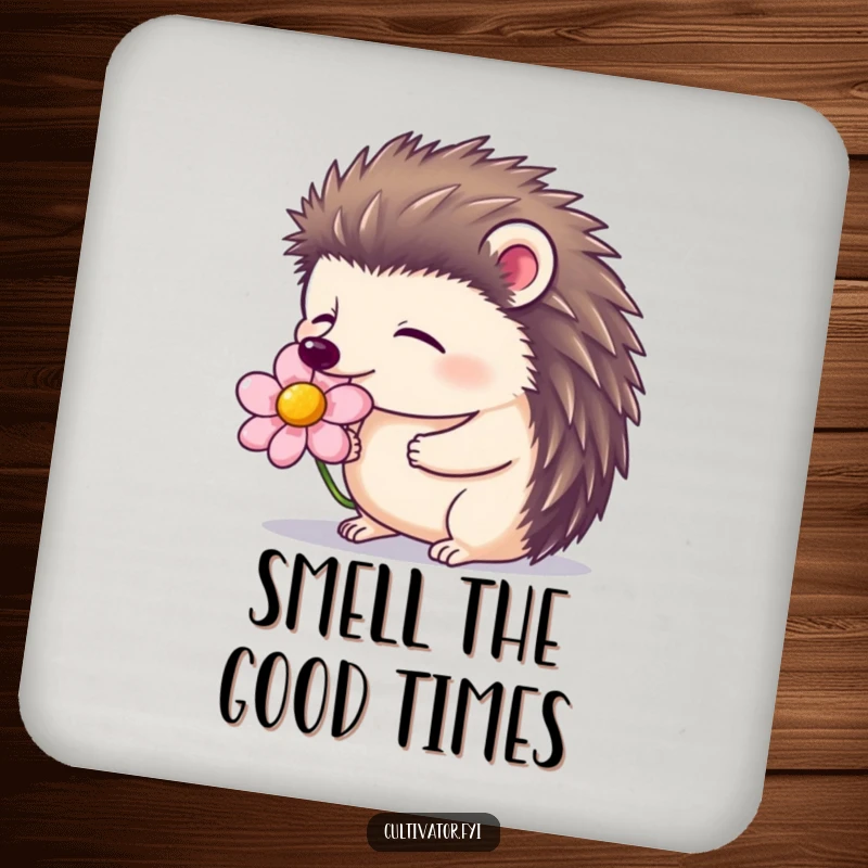 Funny coaster showing a contented hedgehog with closed eyes, smelling a blooming flower, ideal for protecting furniture.
