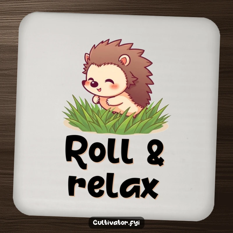 Funny Hedgehog Coaster: Giggling hedgehog character rolls through soft green grass, protecting surfaces.