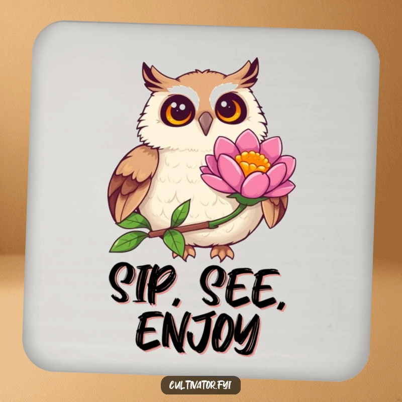 Funny joyful owl coaster, observing a vibrant flower bloom with wide eyes, a humorous way to protect surfaces from drinks.