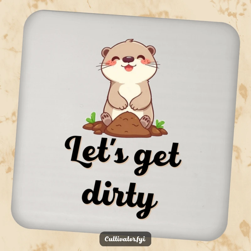 Funny drink coaster with a happy otter character joyfully digging in a small patch of soil, protecting surfaces.