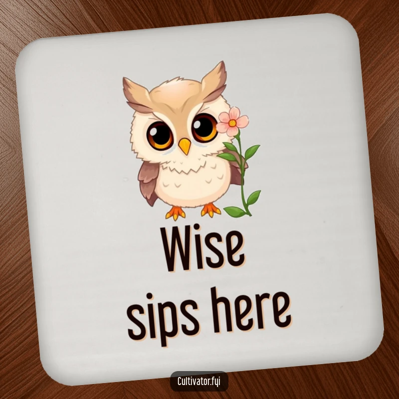 Funny owl coaster featuring a curious owl examining a blooming flower with wide, amazed eyes, a decorative funny gift.