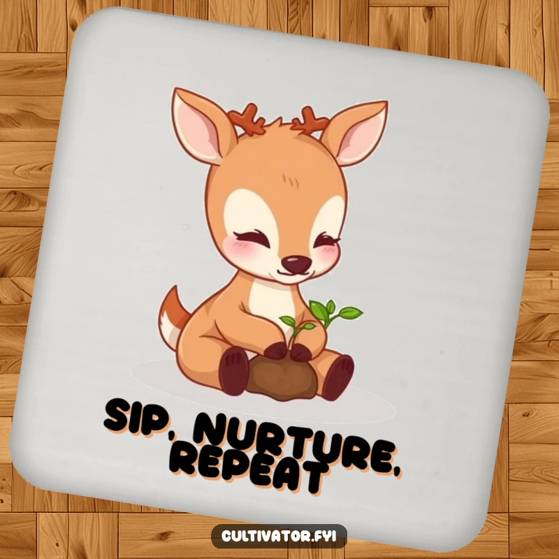 Funny perky deer coaster, carefully nurturing a sprouting seedling with its paws, a charming and humorous way to avoid drink rings.