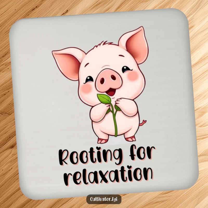 Funny drink coaster with a proud piglet displaying a tiny green sprout, adding humorous garden charm.