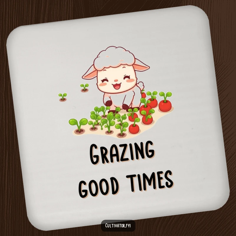Funny happy sheep joyfully tending rows of tiny vegetables drink coasters, adding farm charm to your table.