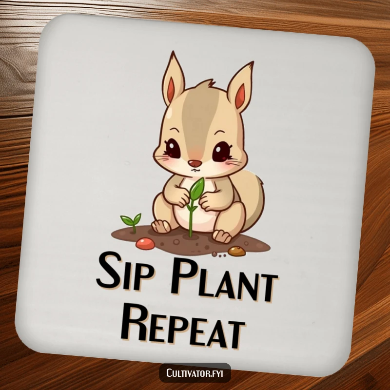Funny drink coaster with a determined squirrel character carefully planting a seed with its tiny paws, protecting surfaces.