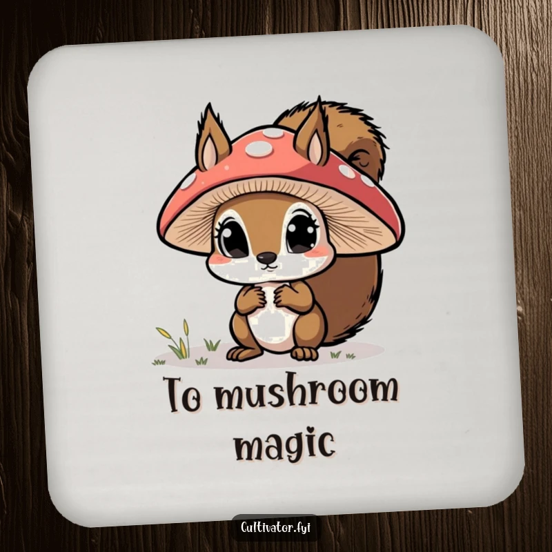 Funny coaster, curious squirrel examining a large mushroom cap with wide eyes, humorous protection for surfaces.