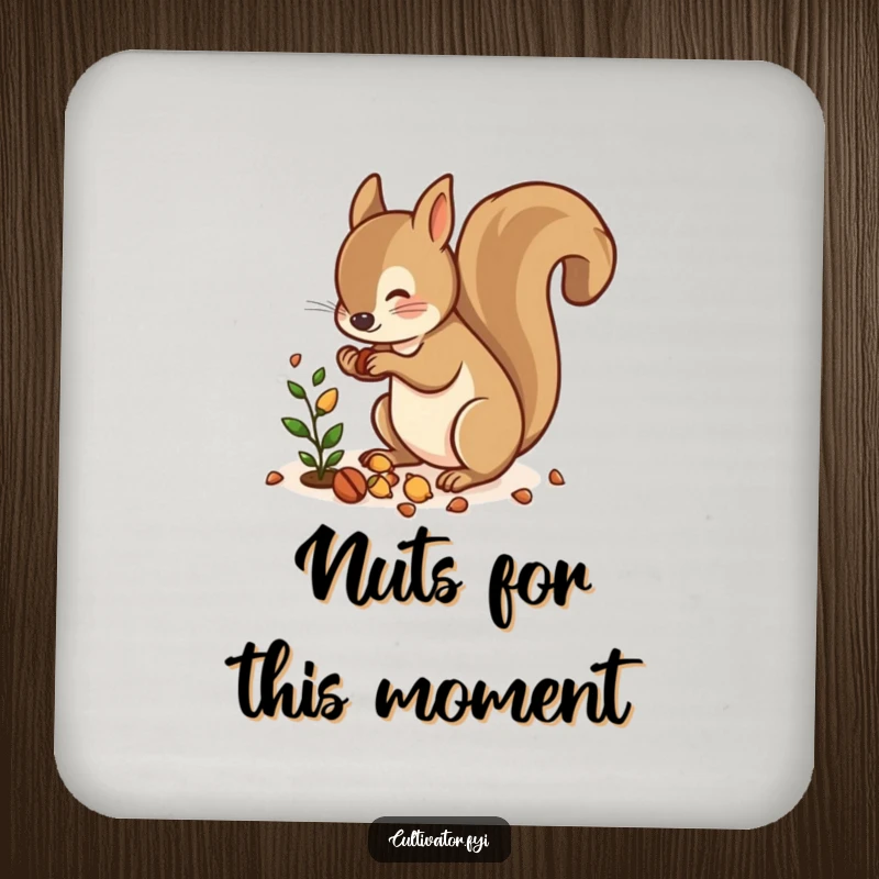 Funny drink coaster with a squirrel scattering nuts near a small plant, adding humorous woodland charm.