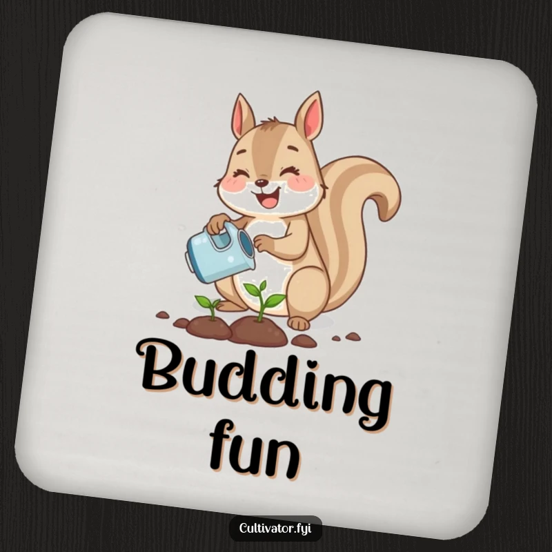 Funny cute squirrel joyfully planting a tiny seed with a watering can, a humorous drink coaster for tabletops.