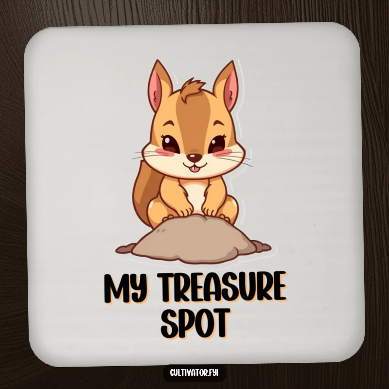 Funny squirrel coaster featuring a determined squirrel digging, protecting surfaces with humorous, rustic charm.