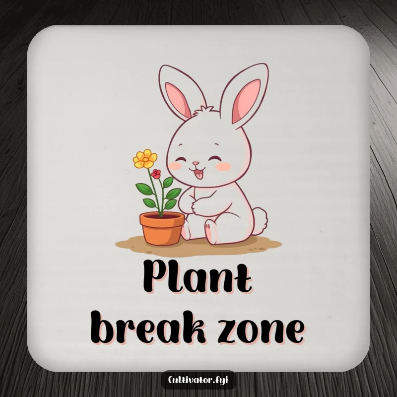 Funny drink coaster showcasing a smiling bunny character happily tending a tiny, vibrant potted plant, adding cute charm.