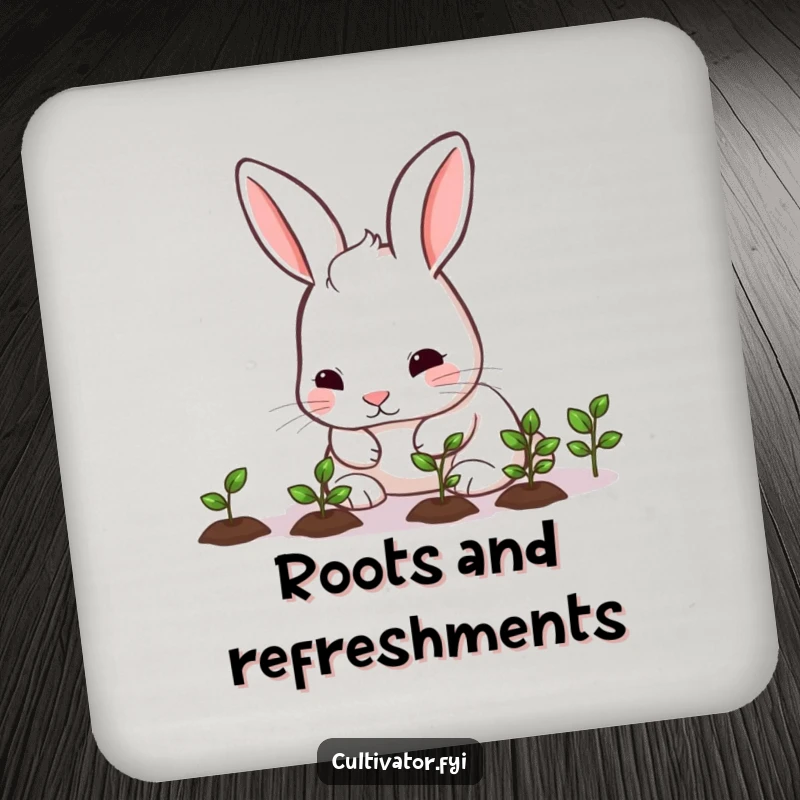 Funny rabbit nurturing seedlings on a drink coaster, a cute and humorous way to protect surfaces.