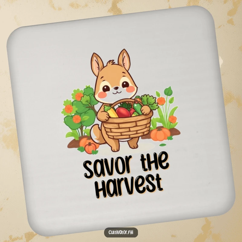 Funny drink coaster displaying a smiling animal character offering a basket of fresh produce, protecting surfaces with humorous charm.
