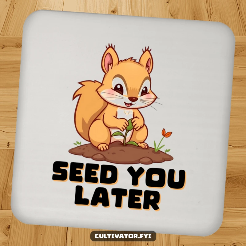 Funny coasters with a determined squirrel character planting a seed, protecting surfaces with a symbol of effort.