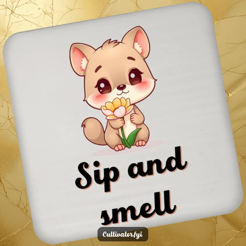Funny Drink Coaster with a curious animal character gazing at a flower with fascination, protecting furniture with a touch of humor.