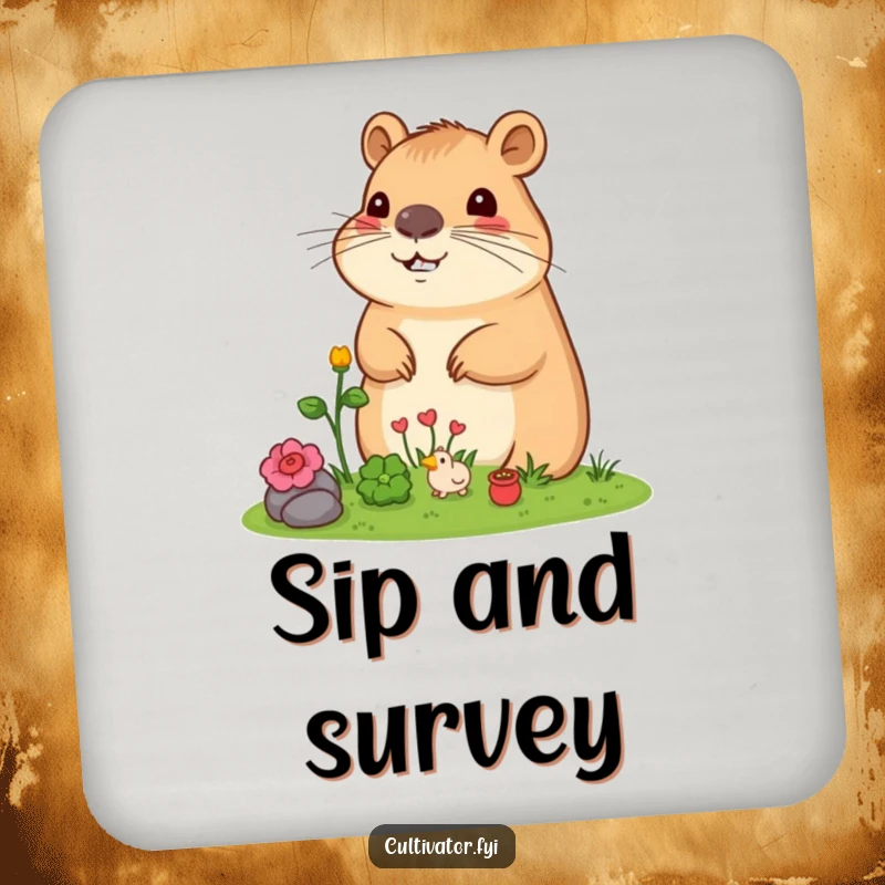 Funny Capybara Coaster: Content capybara peacefully tending its miniature garden, protecting surfaces with charming, humorous style.