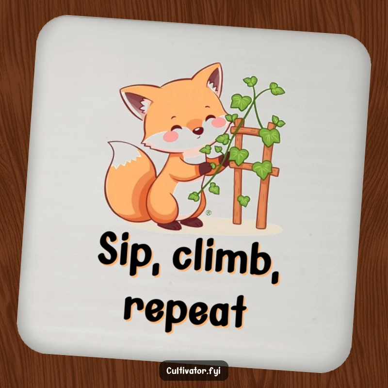 Funny whimsical fox coaster, happily guiding a vine up a small trellis, a humorous way to protect surfaces from drinks.