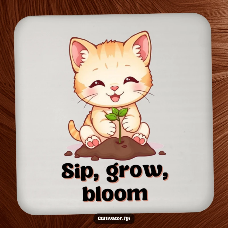 Funny smiling kitten planting a seed on a drink coaster, a cute and humorous way to protect surfaces.