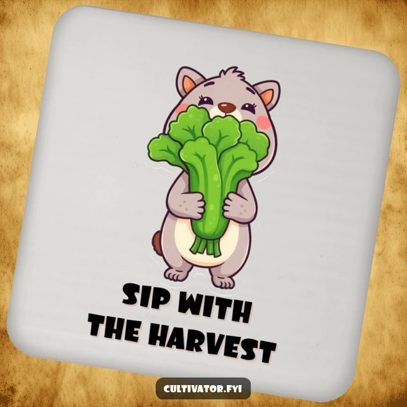 Funny Drink Coaster with an animal character proudly displaying a freshly picked vegetable, protecting furniture with humor.