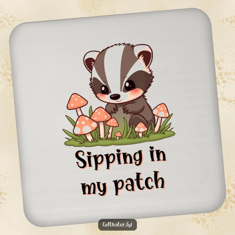 Funny coaster set featuring a curious badger character peering into a colorful mushroom patch, adding whimsical woodland charm to tables.