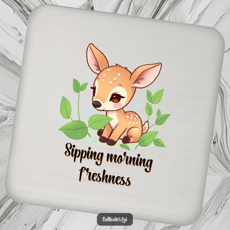 Funny coaster set featuring a focused deer character delicately collecting dew drops from leaves, adding serene woodland charm to tables.