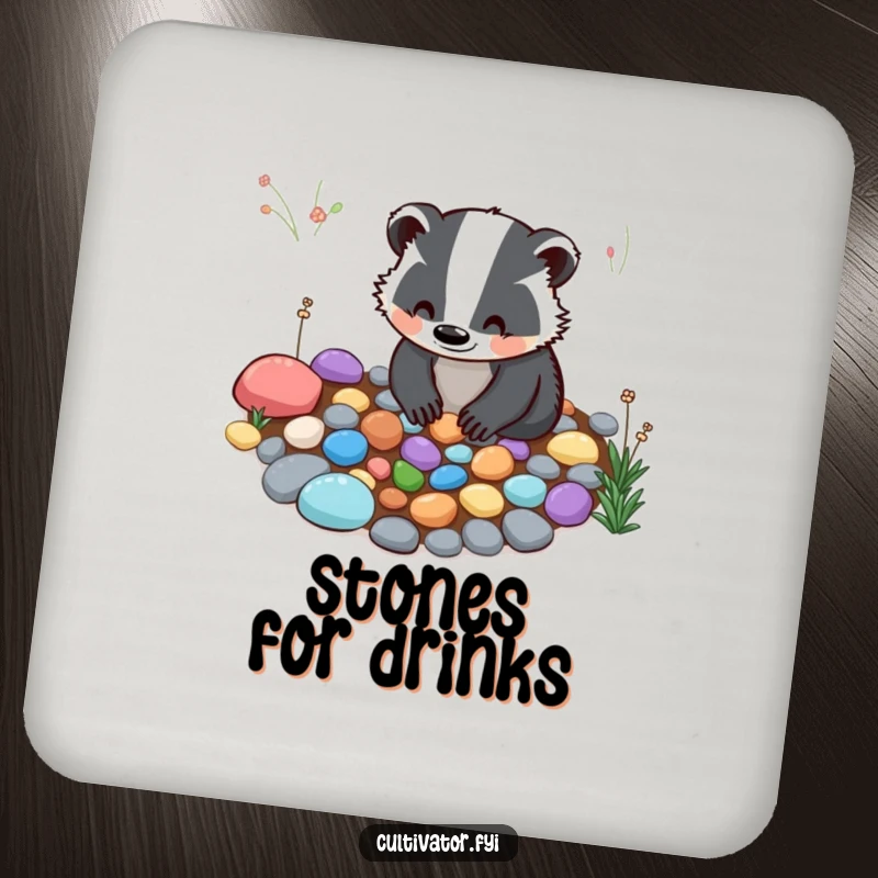 Funny Coaster: A smiling badger carefully arranges colorful pebbles for a garden path, protecting surfaces with natural charm.
