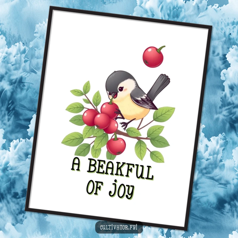 Funny chickadee poster, a cheerful bird pecking a berry, vibrant illustration, humorous wildlife art, perfect funny gift.