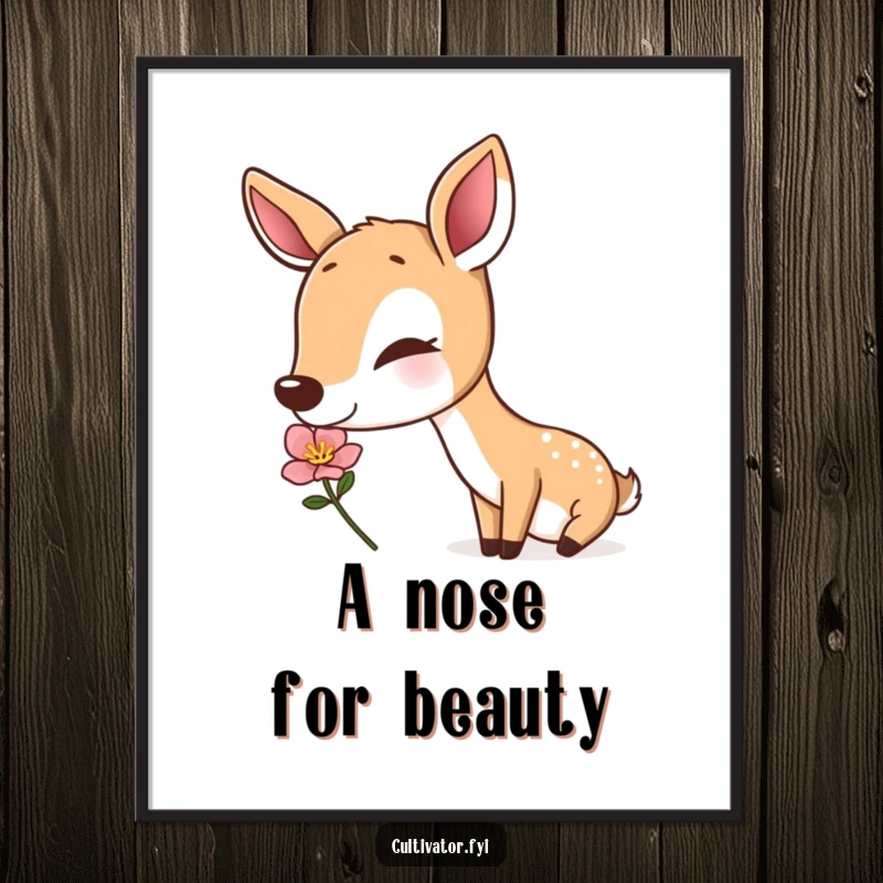 Funny deer poster, a contented deer smelling a beautiful flower, artistic nature illustration, humorous wall decor, perfect funny gift.