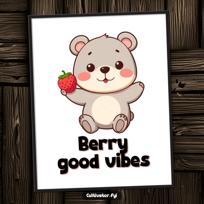 Funny Bear Poster: A playful bear proudly presents a single, perfect berry, creating a heartwarming and humorous piece of wall art.