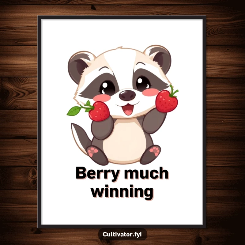 Funny poster of a playful badger proudly showing off a freshly picked berry, perfect for whimsical nature decor.
