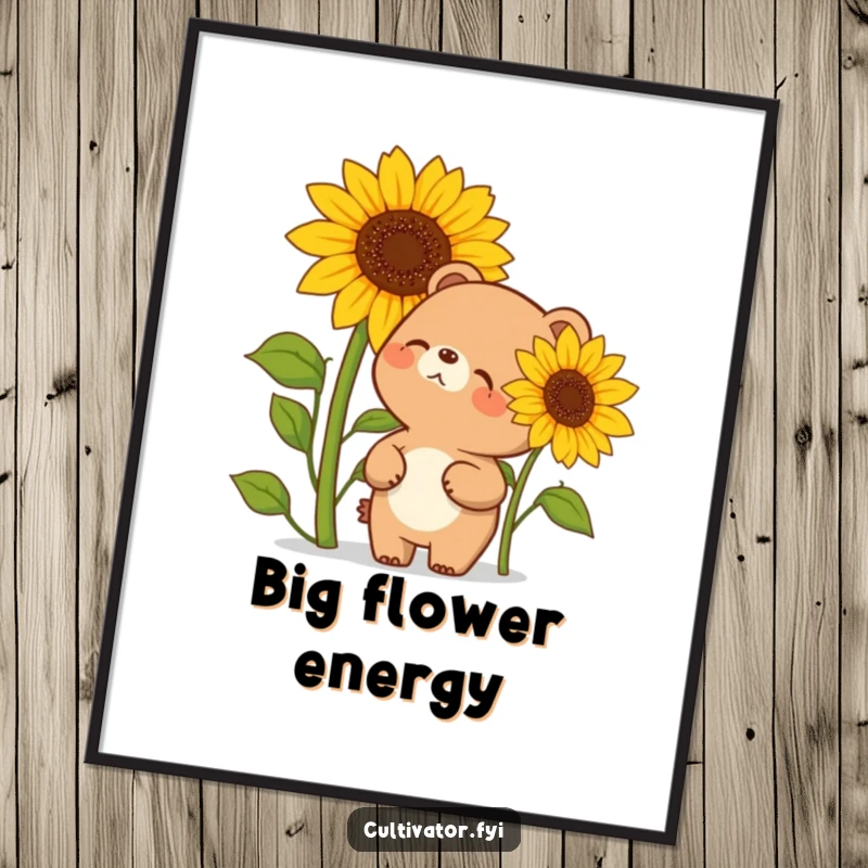 Funny poster print of a happy bear character giggling while looking up at an exceptionally tall sunflower, bringing whimsical nature vibes indoors.