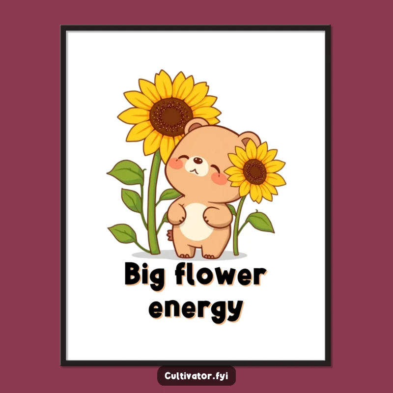 Funny Giggling Bear & Giant Sunflower Poster - Whimsical Nature Art Print
