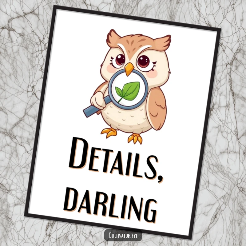 Funny owl poster, showing an owl intently examining a tiny leaf with a magnifying glass, adding whimsy.