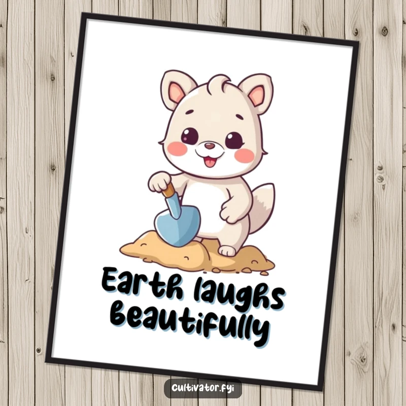 Funny poster art of a cheerful animal character using a small trowel to shape the earth, ideal for humorous home decor.