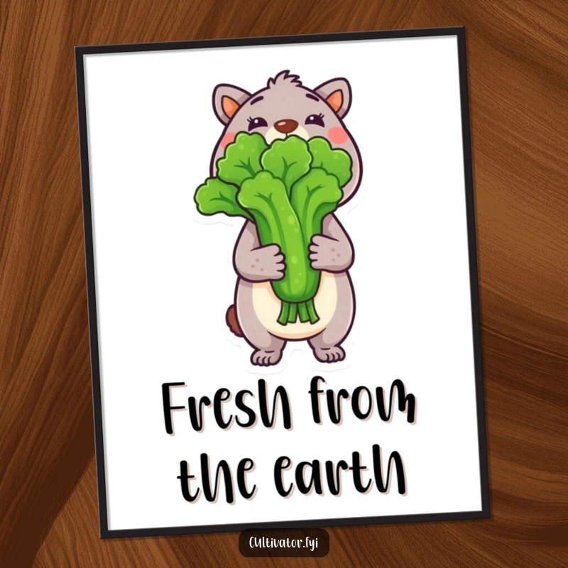 Funny Poster of an animal character proudly displaying a freshly picked vegetable, bringing garden charm and humor to any room.