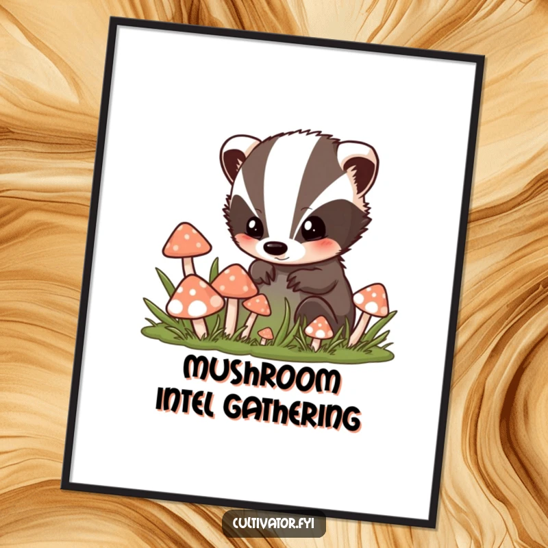 Funny poster print of an inquisitive badger character leaning in to peer into a vibrant patch abundantly filled with various fantastical mushrooms.