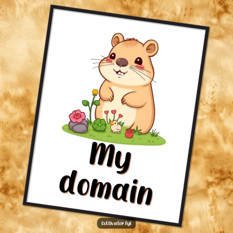 Funny Capybara Poster: Content capybara peacefully observing its miniature garden, creating a tranquil and humorous wall art.