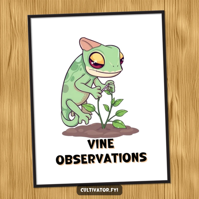 Funny chameleon measuring poster showing a curious reptile carefully documenting the growth of a tiny vine.