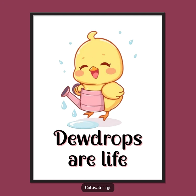 Funny Chick Dewdrop Poster - Joyous Bird Collecting Drops, Whimsical Spring Decor Gift