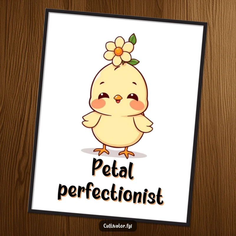Funny poster, happy chick balancing a small flower on its head, cheerful wall art, cute illustration, humorous decor.
